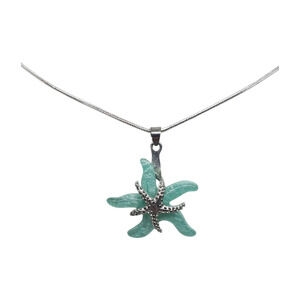 Starfish Pendant Necklace Silver Tone Snake Chain Aqua Sea Glass Style Lucite?